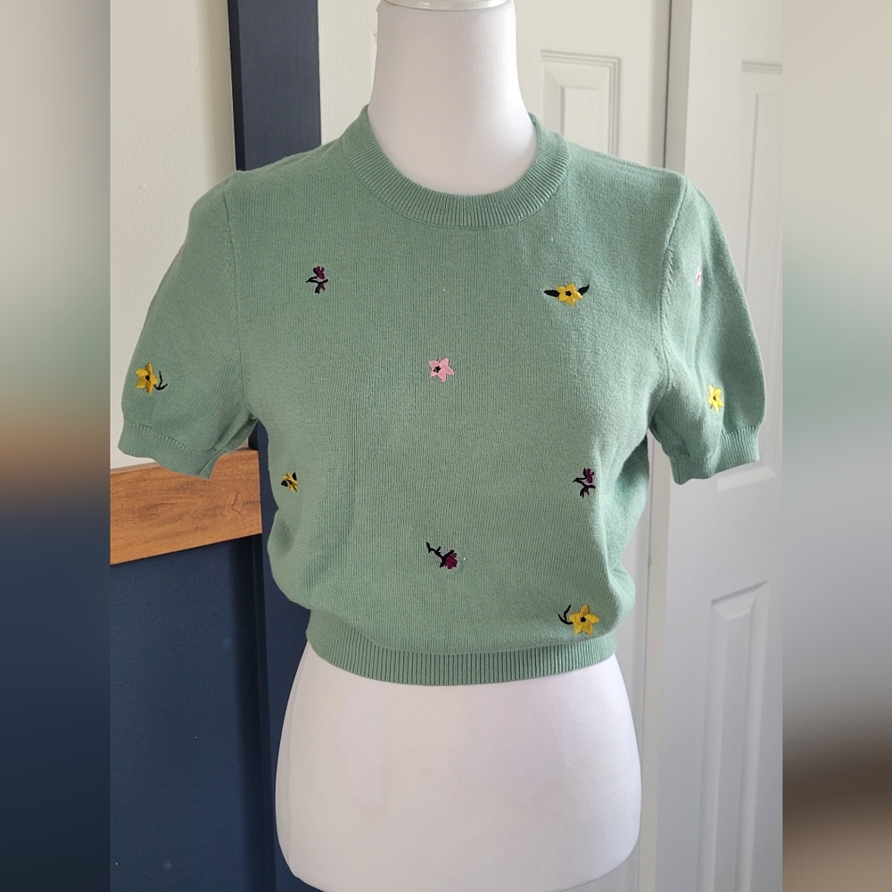 Cotton On Cropped Green Knit Sweater with Floral Embroidery, Women's Small